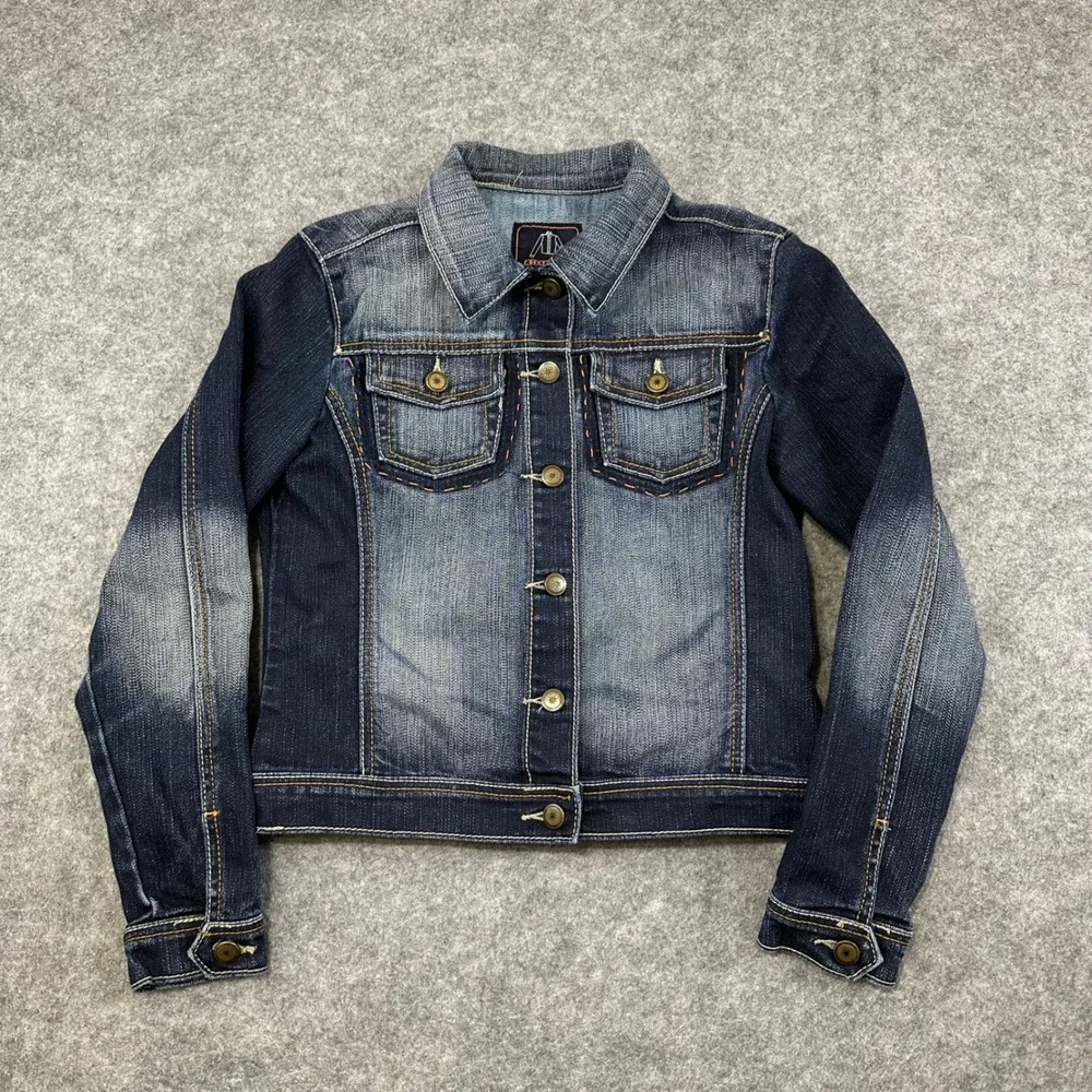 Crest Jeans Denim Jacket Womens Size M Blue Two Tone Faded Stretch Trucker Coat